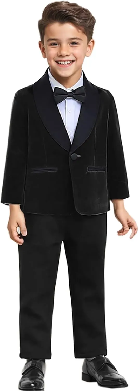 SANGTREE Boys Shawl Tuxedo Suit Velvet Set Gentleman Wedding Outfit, 3 Months - 14 Years