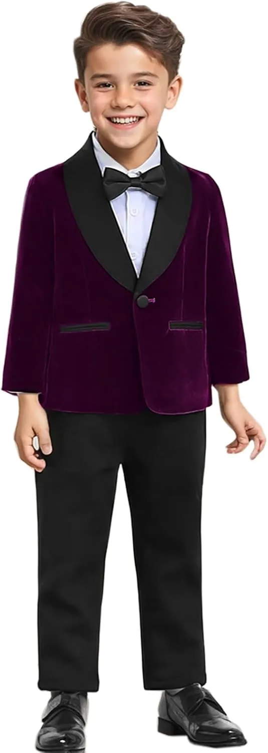 SANGTREE Boys Shawl Tuxedo Suit Velvet Set Gentleman Wedding Outfit, 3 Months - 14 Years
