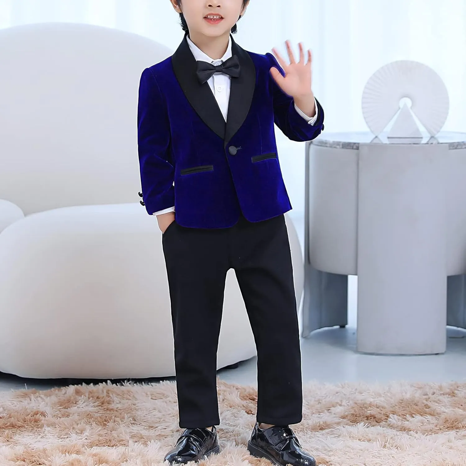 SANGTREE Boys Shawl Tuxedo Suit Velvet Set Gentleman Wedding Outfit, 3 Months - 14 Years