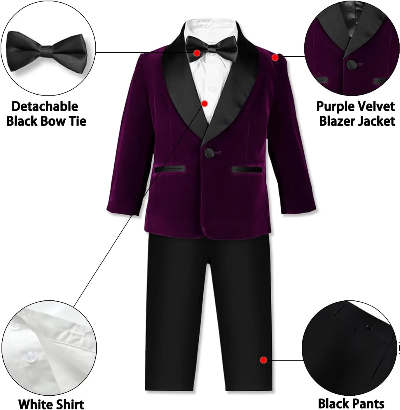 SANGTREE Boys Shawl Tuxedo Suit Velvet Set Gentleman Wedding Outfit, 3 Months - 14 Years