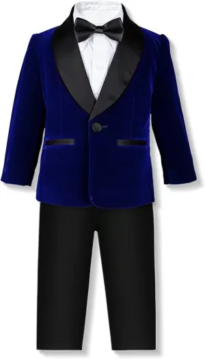 SANGTREE Boys Shawl Tuxedo Suit Velvet Set Gentleman Wedding Outfit, 3 Months - 14 Years