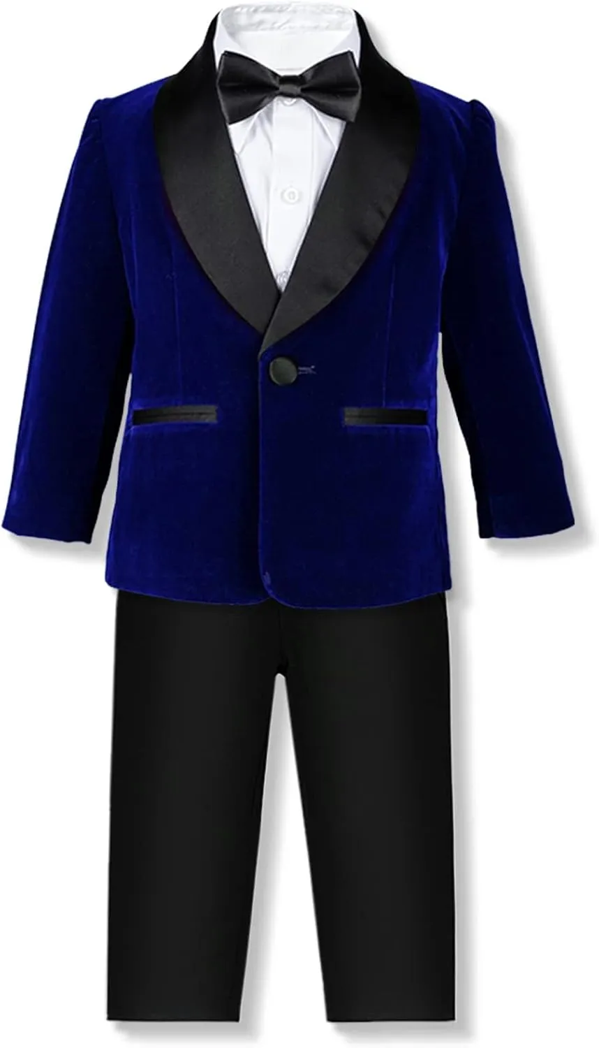 SANGTREE Boys Shawl Tuxedo Suit Velvet Set Gentleman Wedding Outfit, 3 Months - 14 Years