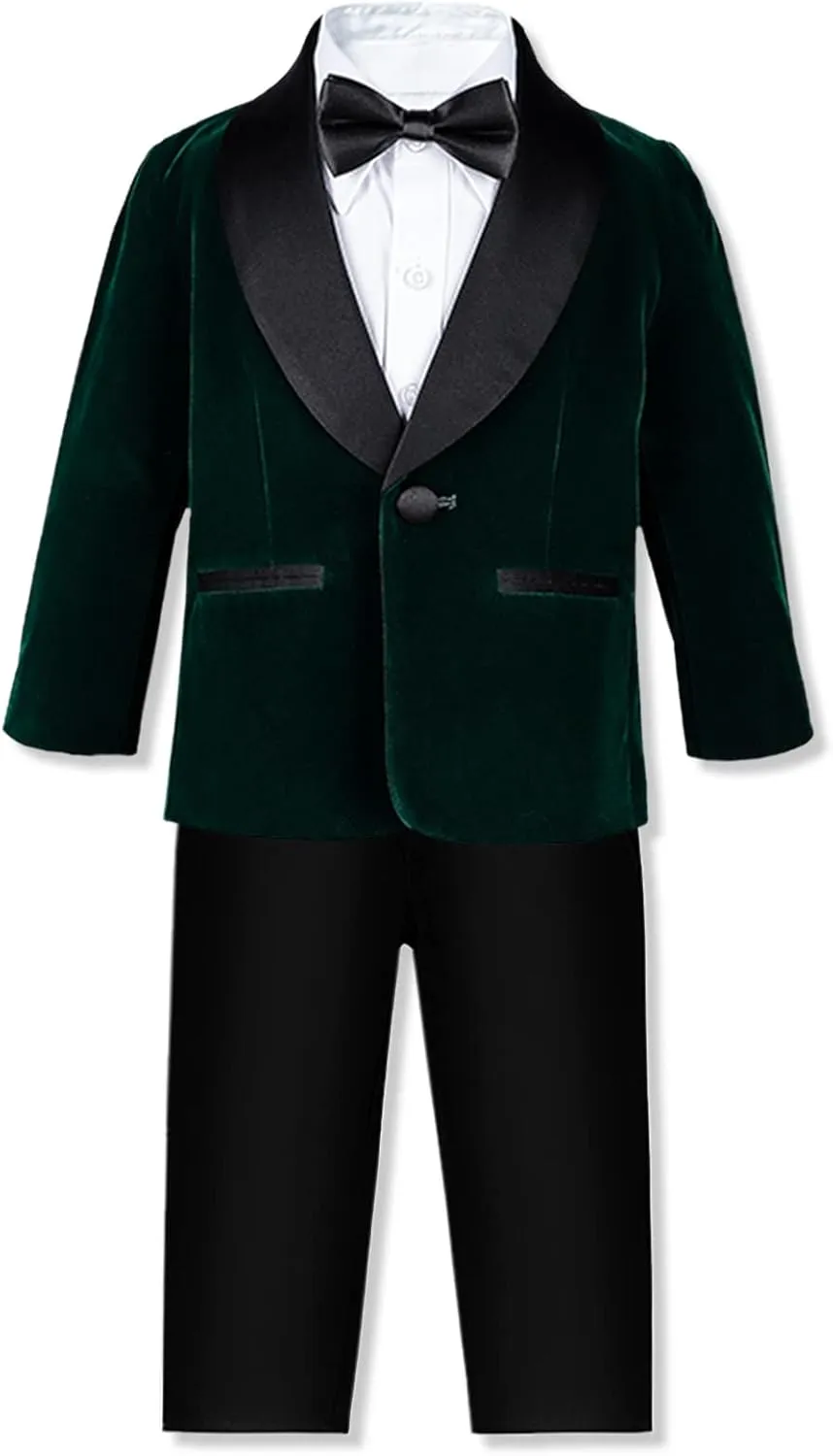 SANGTREE Boys Shawl Tuxedo Suit Velvet Set Gentleman Wedding Outfit, 3 Months - 14 Years