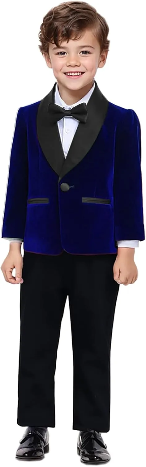SANGTREE Boys Shawl Tuxedo Suit Velvet Set Gentleman Wedding Outfit, 3 Months - 14 Years