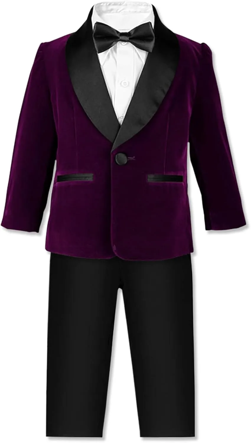 SANGTREE Boys Shawl Tuxedo Suit Velvet Set Gentleman Wedding Outfit, 3 Months - 14 Years