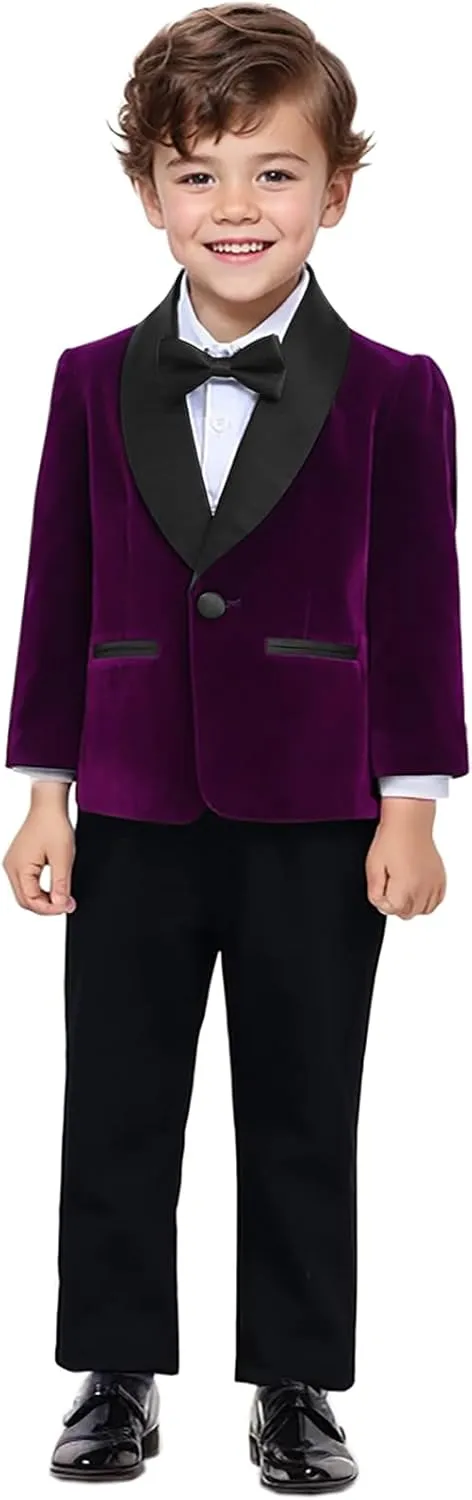 SANGTREE Boys Shawl Tuxedo Suit Velvet Set Gentleman Wedding Outfit, 3 Months - 14 Years
