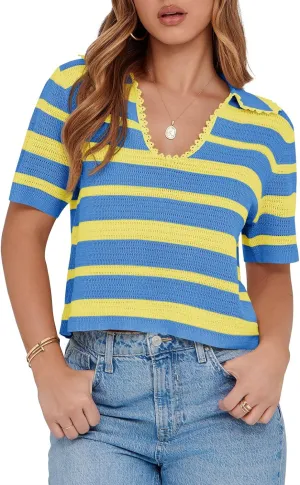 Saodimallsu Womens Cropped Striped Sweater Top Summer Short Sleeve V Neck Collared Going Out Trendy Loose Polo Shirt