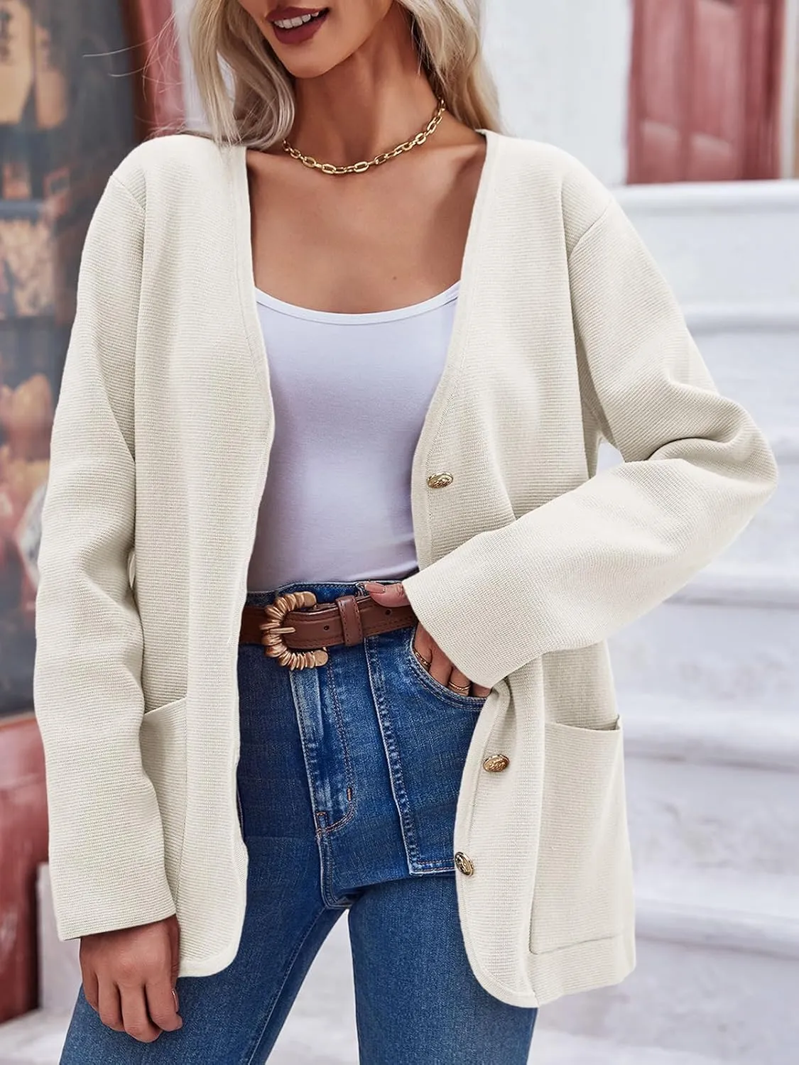 Saodimallsu Womens V Neck Cardigan Button Loose Knit Sweater Blazer Open Front Elegant Cardigans with Pockets