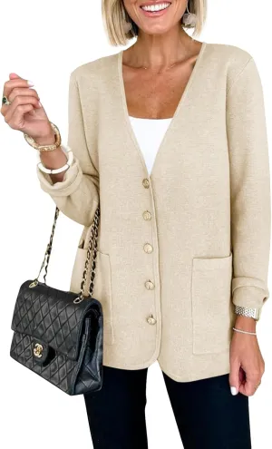 Saodimallsu Womens V Neck Cardigan Button Loose Knit Sweater Blazer Open Front Elegant Cardigans with Pockets