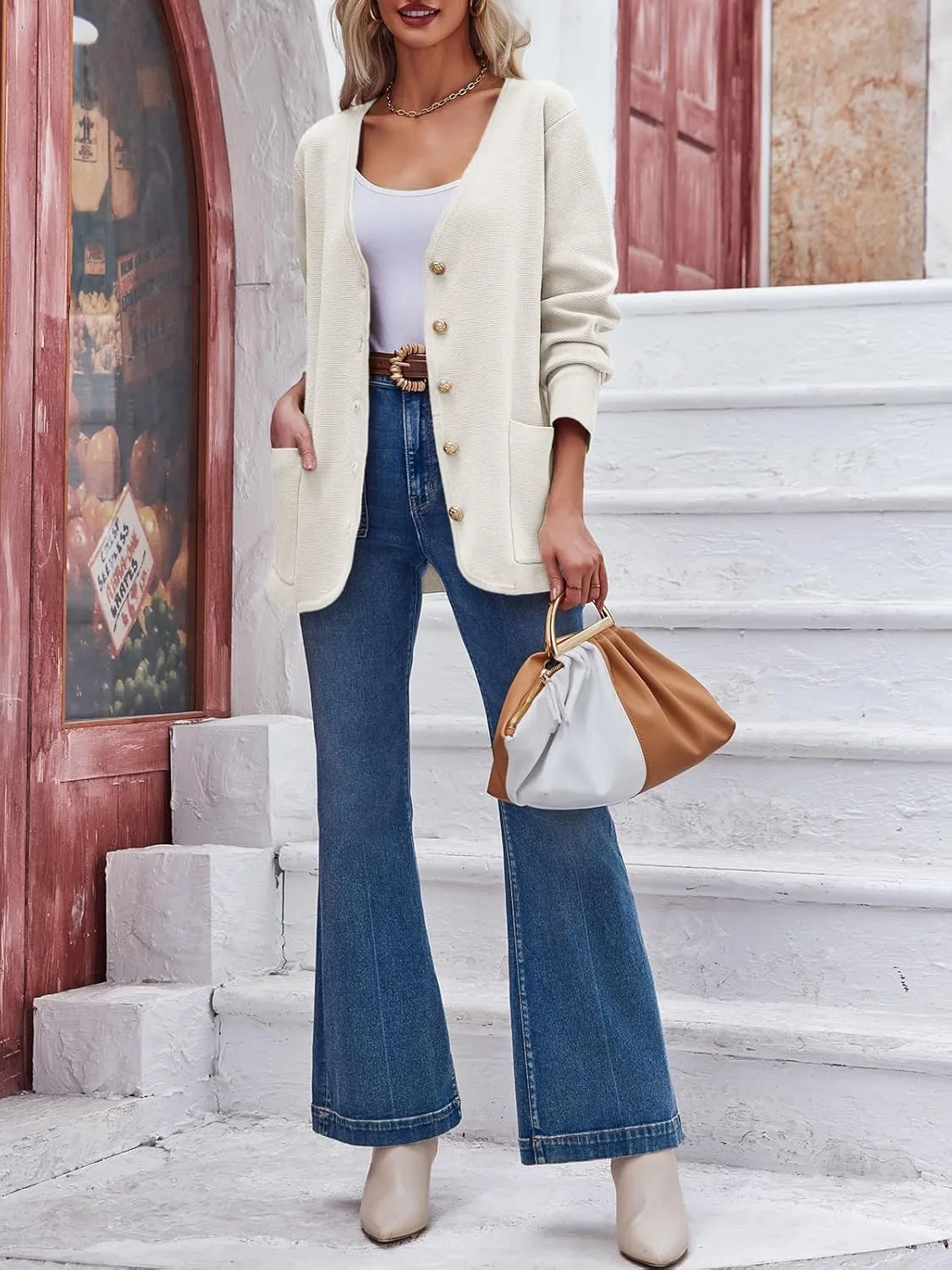 Saodimallsu Womens V Neck Cardigan Button Loose Knit Sweater Blazer Open Front Elegant Cardigans with Pockets