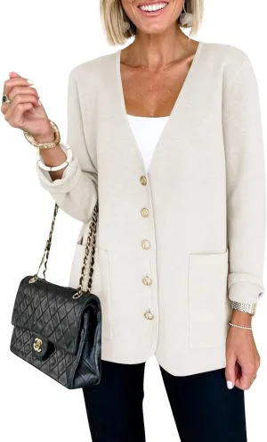 Saodimallsu Womens V Neck Cardigan Button Loose Knit Sweater Blazer Open Front Elegant Cardigans with Pockets