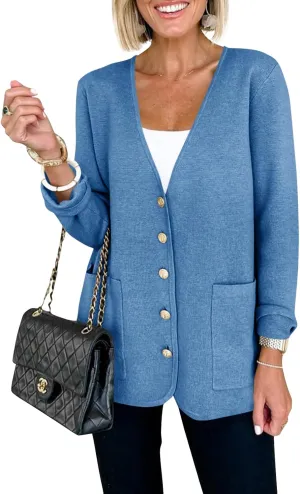 Saodimallsu Womens V Neck Cardigan Button Loose Knit Sweater Blazer Open Front Elegant Cardigans with Pockets
