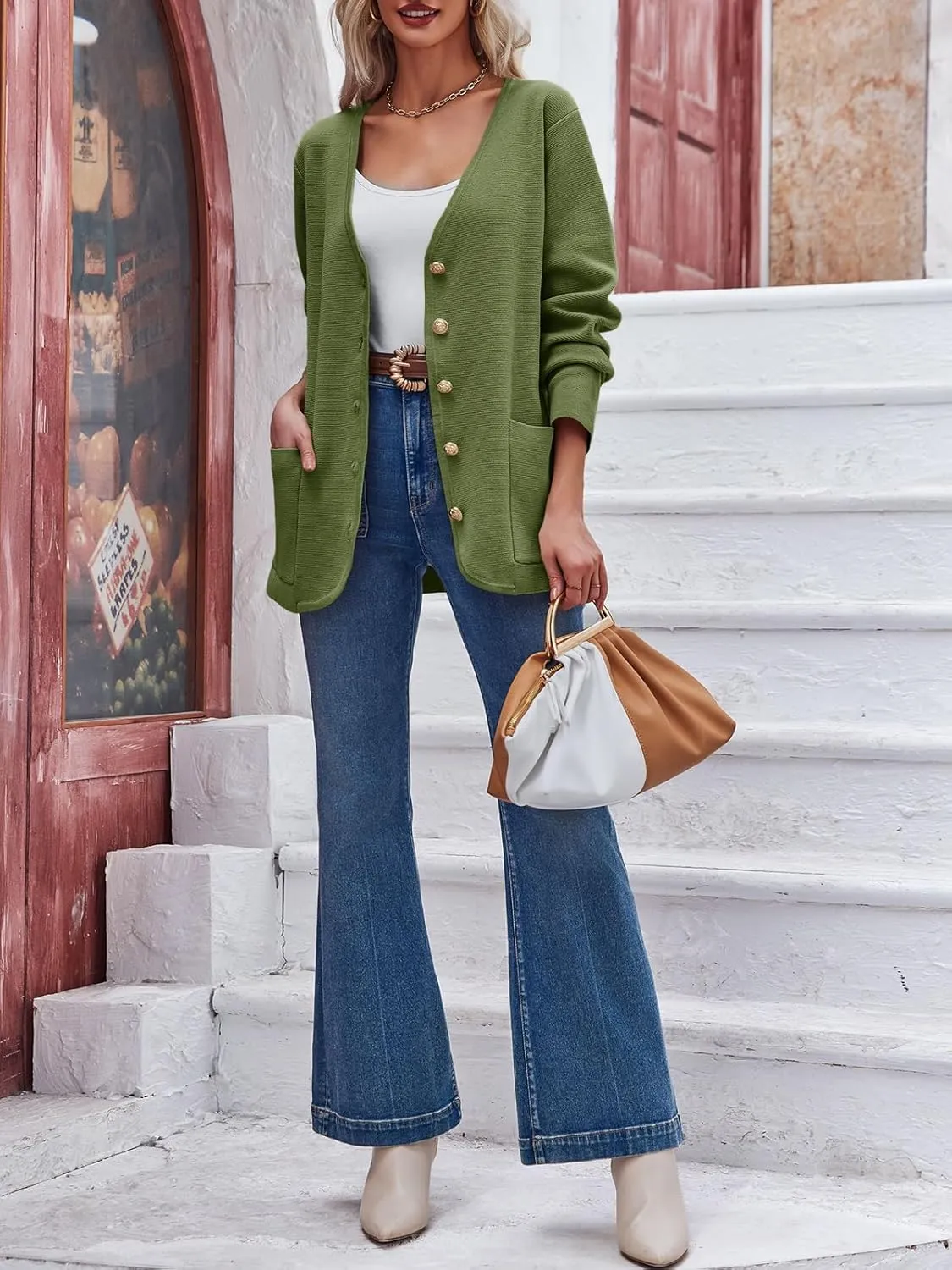 Saodimallsu Womens V Neck Cardigan Button Loose Knit Sweater Blazer Open Front Elegant Cardigans with Pockets