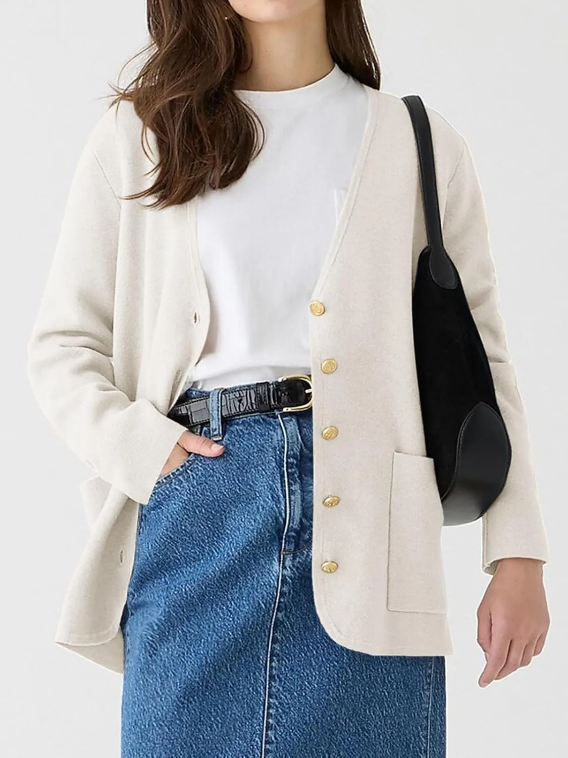 Saodimallsu Womens V Neck Cardigan Button Loose Knit Sweater Blazer Open Front Elegant Cardigans with Pockets