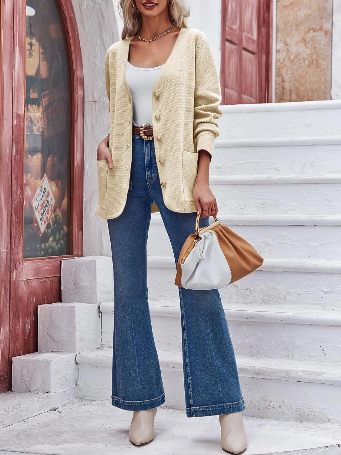 Saodimallsu Womens V Neck Cardigan Button Loose Knit Sweater Blazer Open Front Elegant Cardigans with Pockets