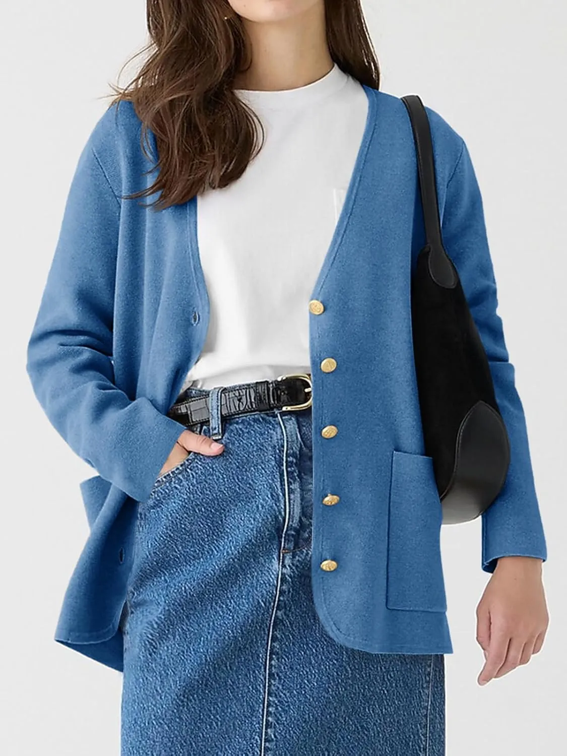 Saodimallsu Womens V Neck Cardigan Button Loose Knit Sweater Blazer Open Front Elegant Cardigans with Pockets