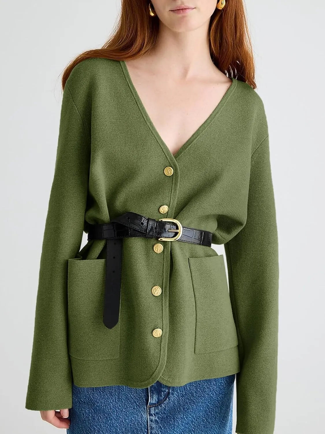 Saodimallsu Womens V Neck Cardigan Button Loose Knit Sweater Blazer Open Front Elegant Cardigans with Pockets