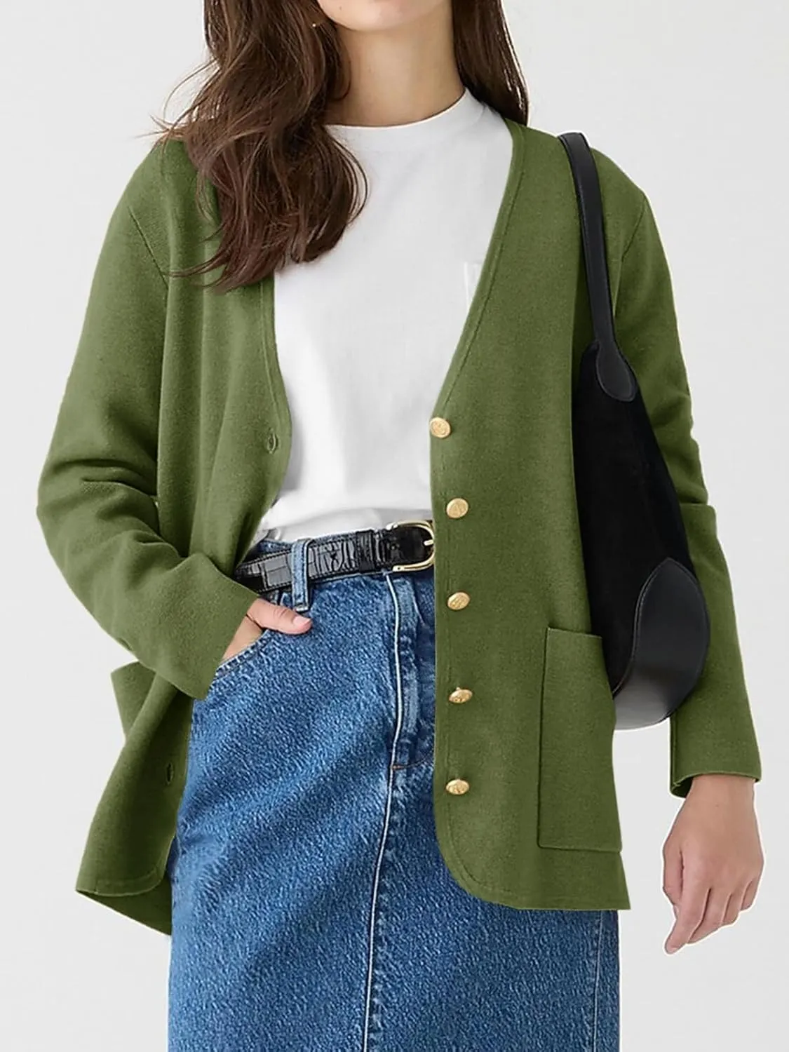Saodimallsu Womens V Neck Cardigan Button Loose Knit Sweater Blazer Open Front Elegant Cardigans with Pockets