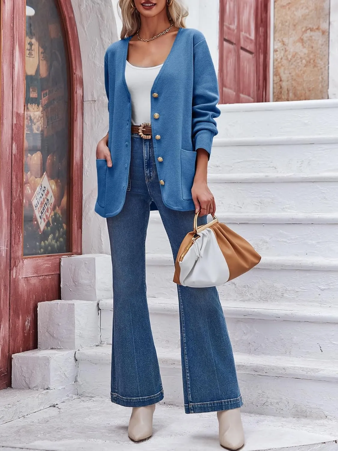 Saodimallsu Womens V Neck Cardigan Button Loose Knit Sweater Blazer Open Front Elegant Cardigans with Pockets