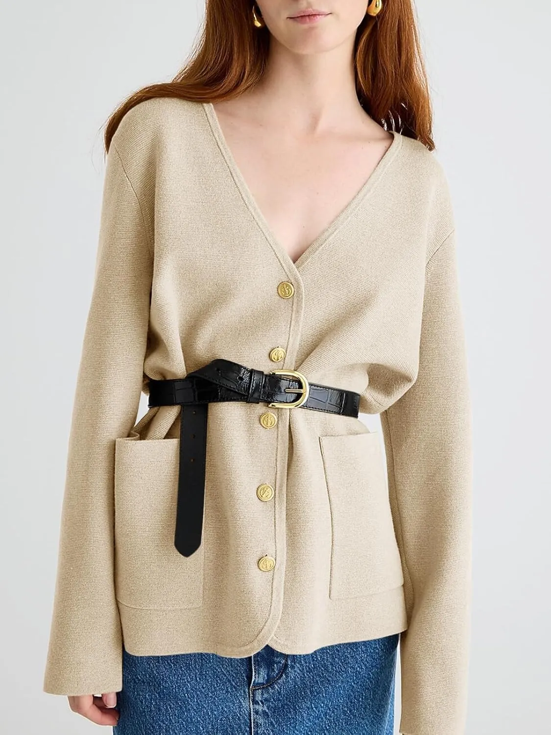 Saodimallsu Womens V Neck Cardigan Button Loose Knit Sweater Blazer Open Front Elegant Cardigans with Pockets