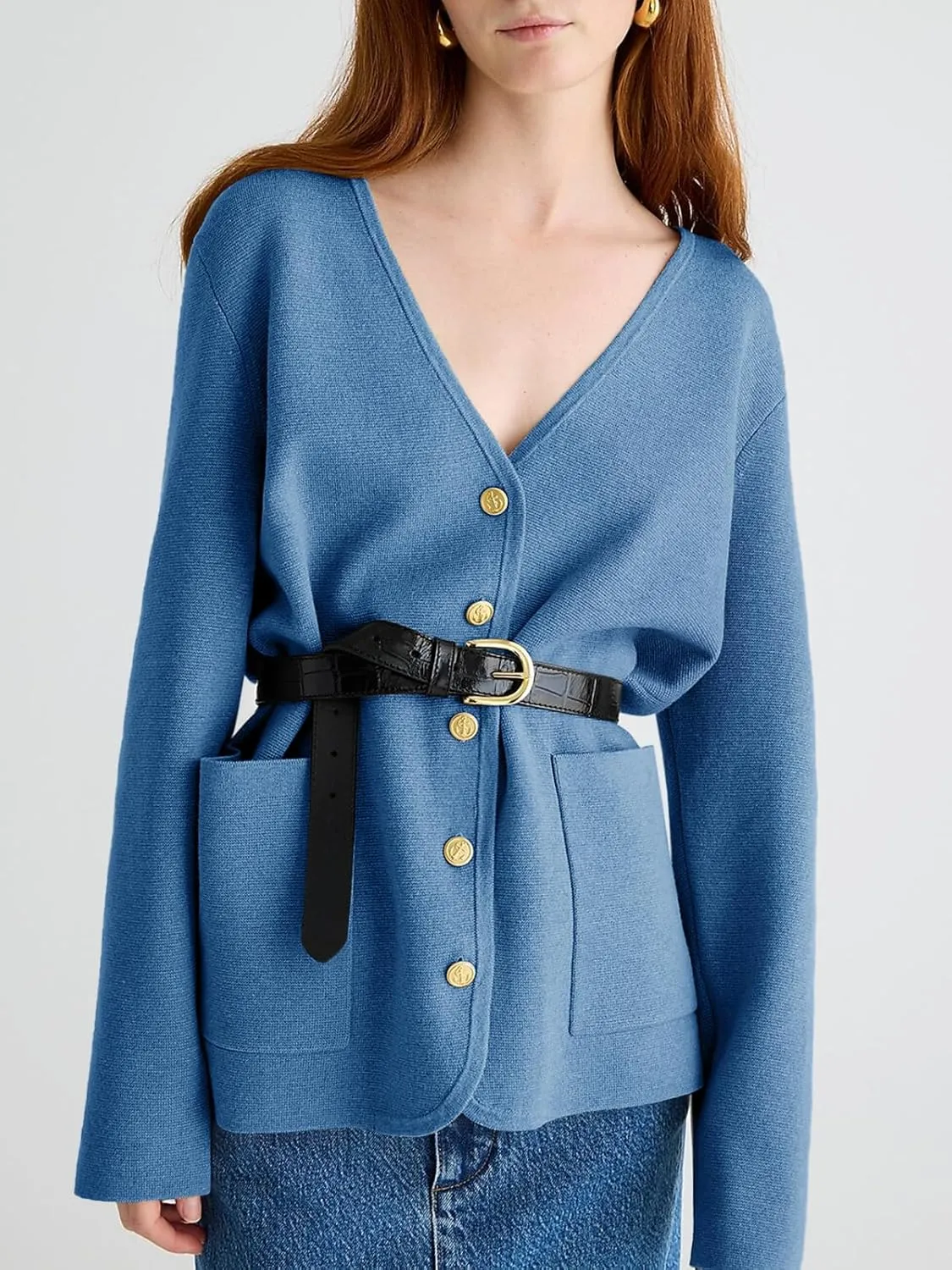 Saodimallsu Womens V Neck Cardigan Button Loose Knit Sweater Blazer Open Front Elegant Cardigans with Pockets
