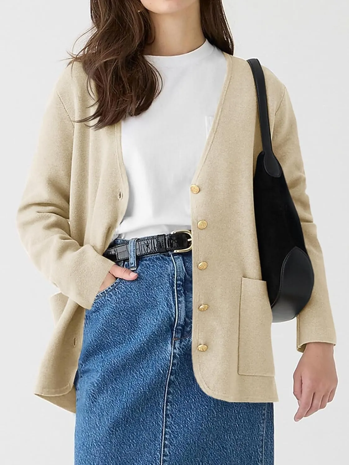 Saodimallsu Womens V Neck Cardigan Button Loose Knit Sweater Blazer Open Front Elegant Cardigans with Pockets