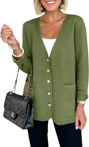Saodimallsu Womens V Neck Cardigan Button Loose Knit Sweater Blazer Open Front Elegant Cardigans with Pockets