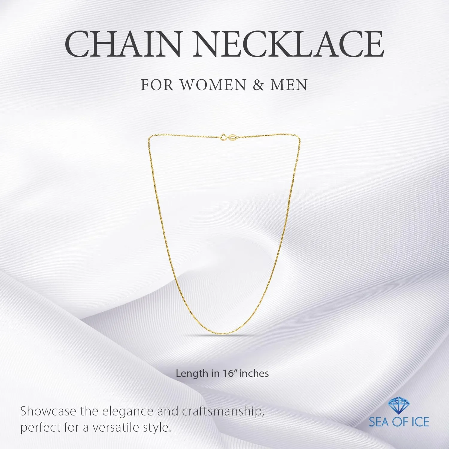 SEA OF ICE Chain Necklace 925 Sterling Silver with Ring Clasp Closure, Italian Box Necklace Chain Necklace for Women & Men, Available in Gold, Rose Gold, Silver, and Black Rhodium, Multisize