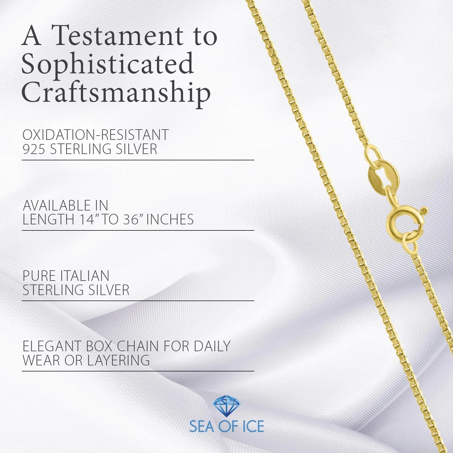 SEA OF ICE Chain Necklace 925 Sterling Silver with Ring Clasp Closure, Italian Box Necklace Chain Necklace for Women & Men, Available in Gold, Rose Gold, Silver, and Black Rhodium, Multisize