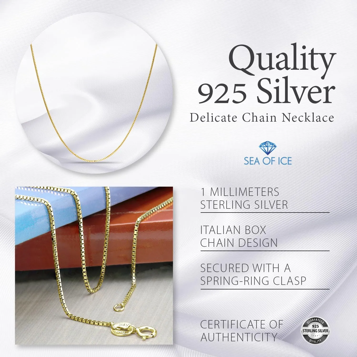 SEA OF ICE Chain Necklace 925 Sterling Silver with Ring Clasp Closure, Italian Box Necklace Chain Necklace for Women & Men, Available in Gold, Rose Gold, Silver, and Black Rhodium, Multisize