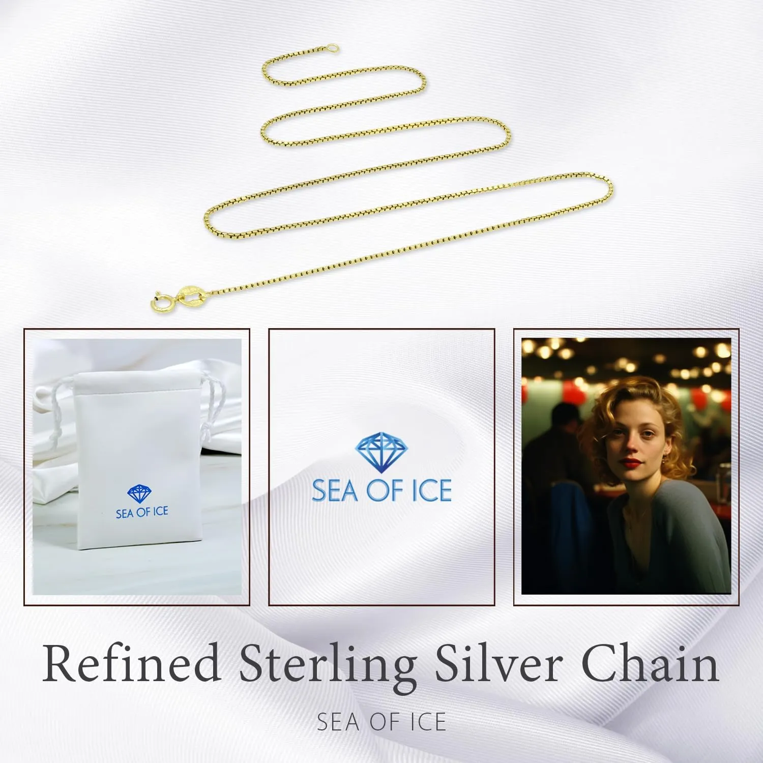 SEA OF ICE Chain Necklace 925 Sterling Silver with Ring Clasp Closure, Italian Box Necklace Chain Necklace for Women & Men, Available in Gold, Rose Gold, Silver, and Black Rhodium, Multisize