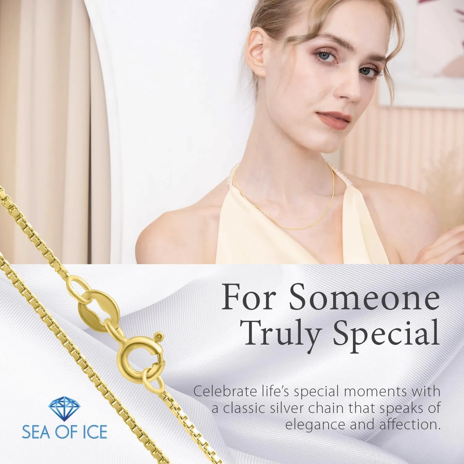 SEA OF ICE Chain Necklace 925 Sterling Silver with Ring Clasp Closure, Italian Box Necklace Chain Necklace for Women & Men, Available in Gold, Rose Gold, Silver, and Black Rhodium, Multisize