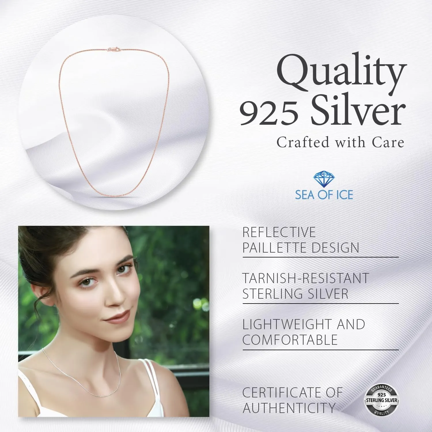 SEA OF ICE Sparkle Paillette Italian Chain Necklace Silver Chain Necklace for Women and Men  925 Sterling Silver ring Clasp Jewelry Chain  Multisize Silver Chain Unisex