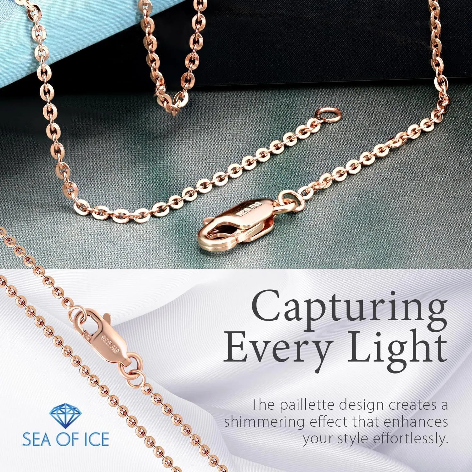 SEA OF ICE Sparkle Paillette Italian Chain Necklace Silver Chain Necklace for Women and Men  925 Sterling Silver ring Clasp Jewelry Chain  Multisize Silver Chain Unisex