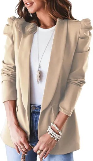 SEMATOMALA Women's Puff Sleeve Shoulder Pad Slim Business Blazer Suit Casual Lapel Open Front Work Office Jacket with Pockets