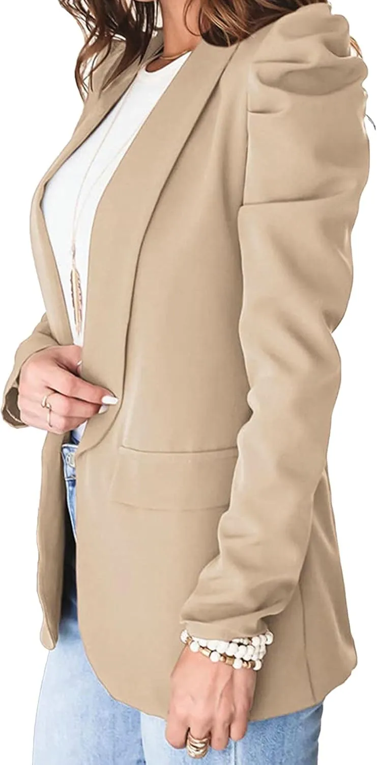 SEMATOMALA Women's Puff Sleeve Shoulder Pad Slim Business Blazer Suit Casual Lapel Open Front Work Office Jacket with Pockets