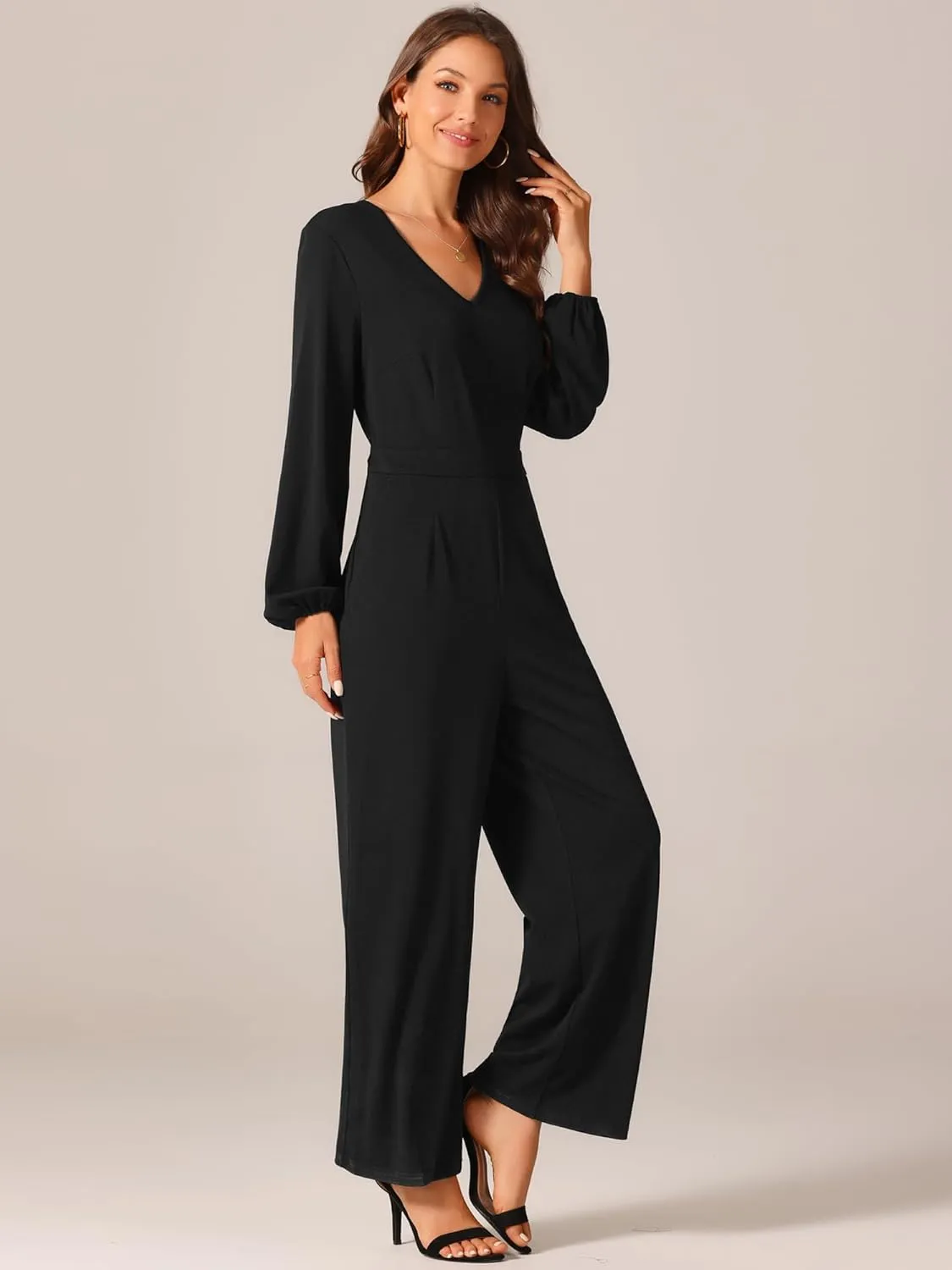 Seta T Women's V Neck Long Sleeve High Waist Wide Leg Casual Jumpsuits with Pockets