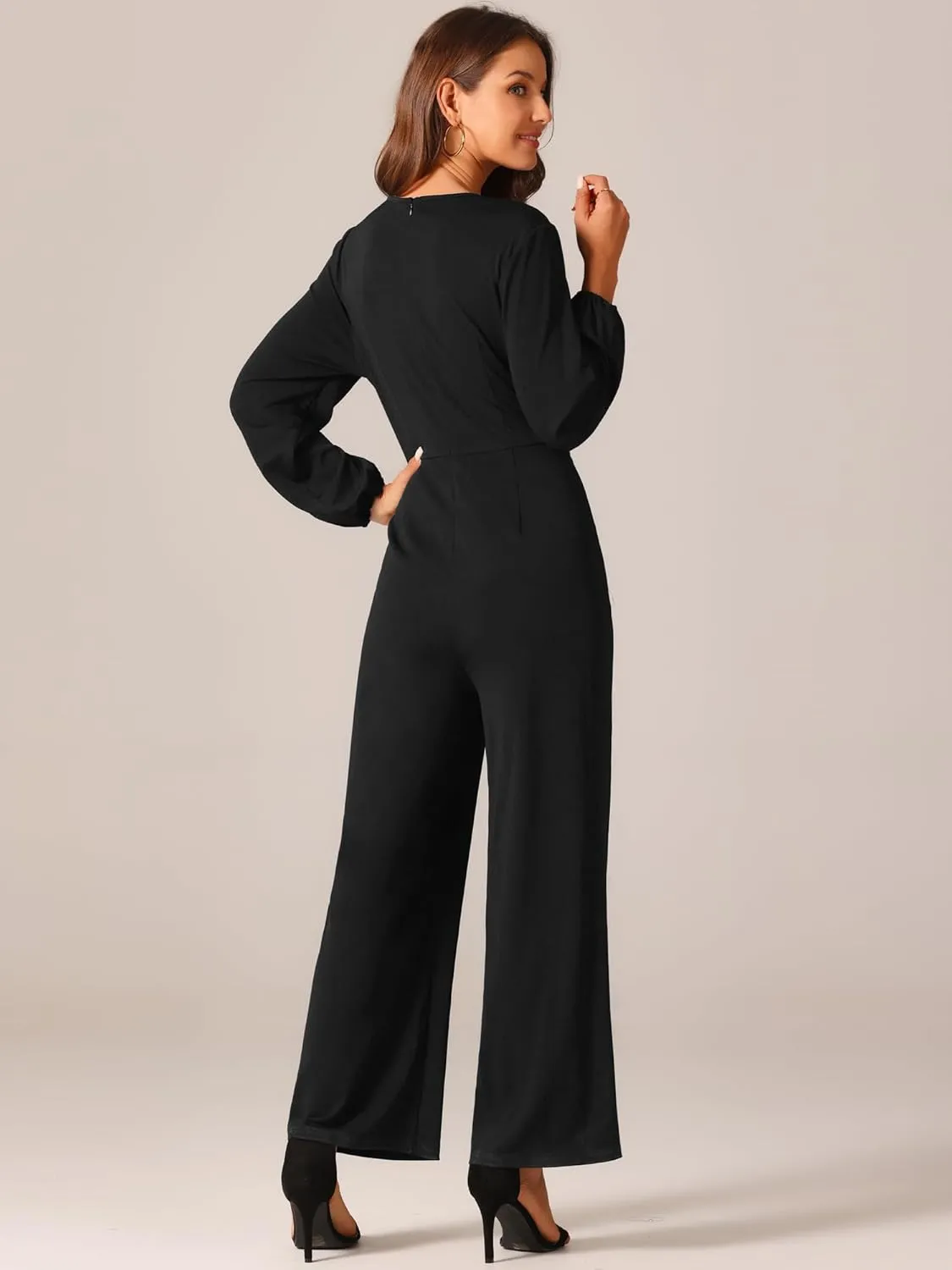 Seta T Women's V Neck Long Sleeve High Waist Wide Leg Casual Jumpsuits with Pockets