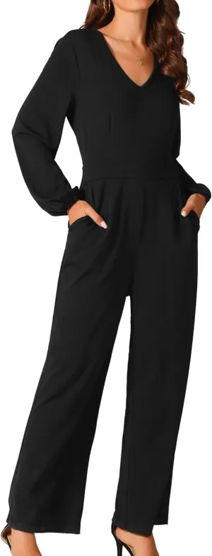 Seta T Women's V Neck Long Sleeve High Waist Wide Leg Casual Jumpsuits with Pockets