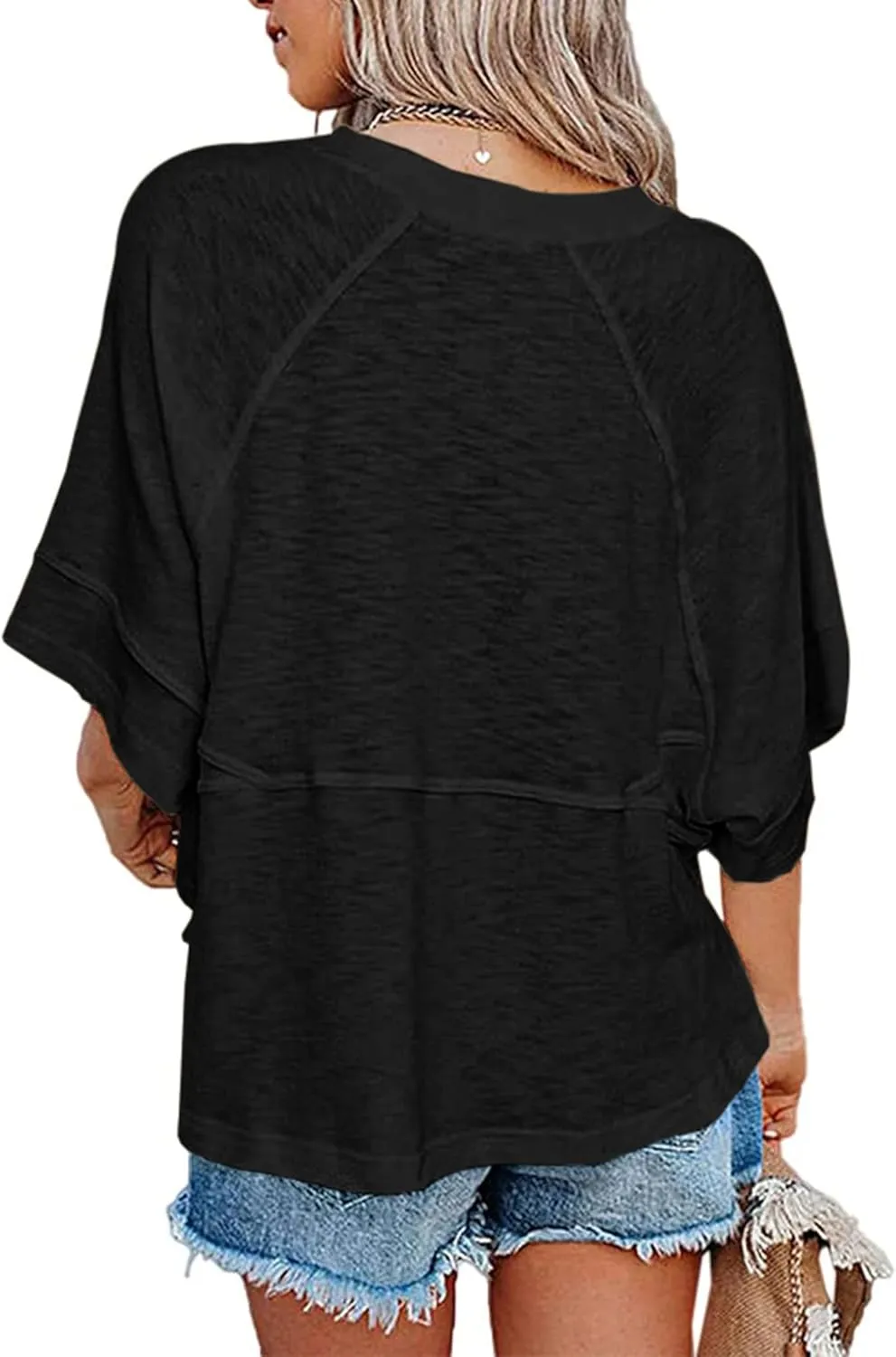 Sherosa Womens Casual Crewneck Half Sleeve T-Shirts Solid Color Loose Fit Summer Basic Tops Tees Blouses