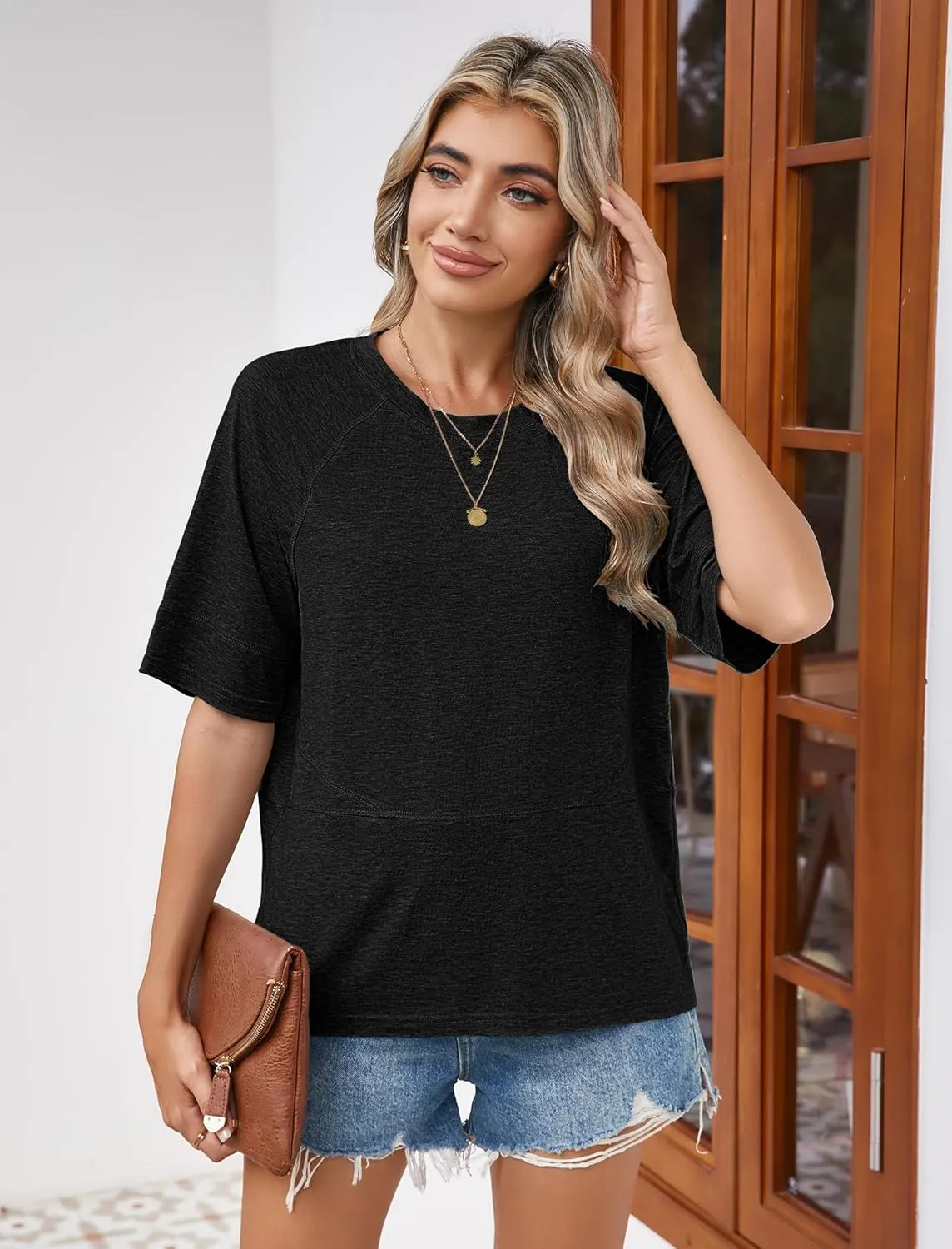 Sherosa Womens Casual Crewneck Half Sleeve T-Shirts Solid Color Loose Fit Summer Basic Tops Tees Blouses