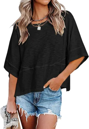 Sherosa Womens Casual Crewneck Half Sleeve T-Shirts Solid Color Loose Fit Summer Basic Tops Tees Blouses