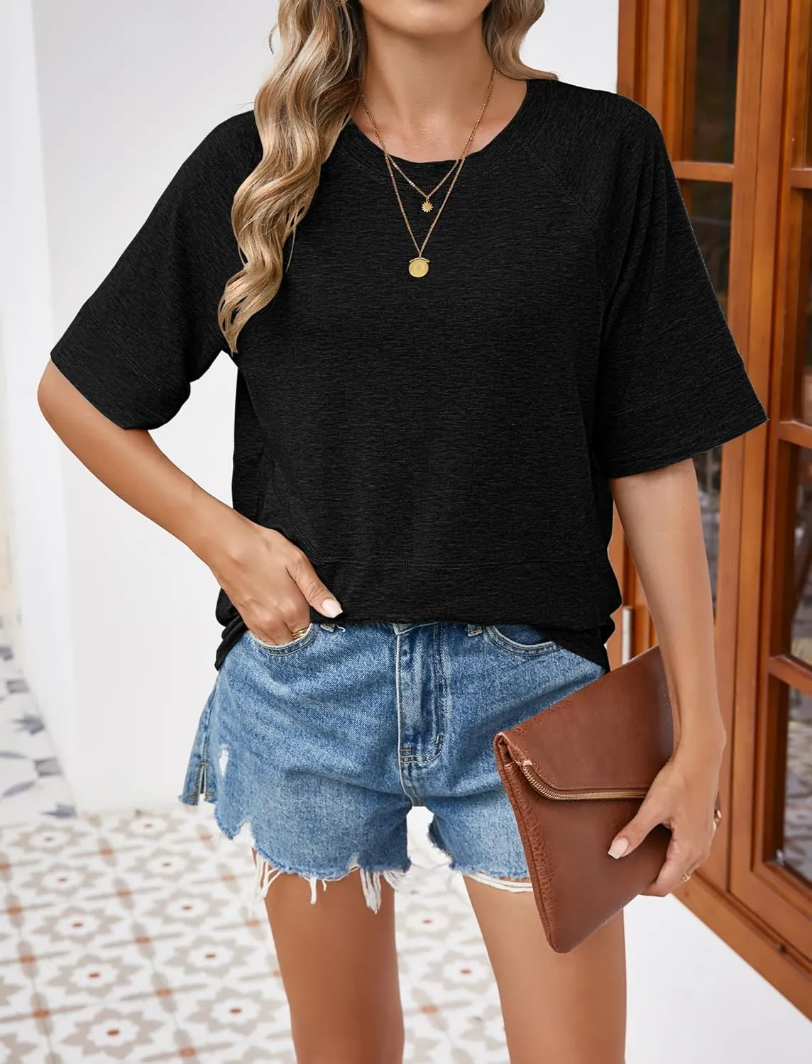 Sherosa Womens Casual Crewneck Half Sleeve T-Shirts Solid Color Loose Fit Summer Basic Tops Tees Blouses