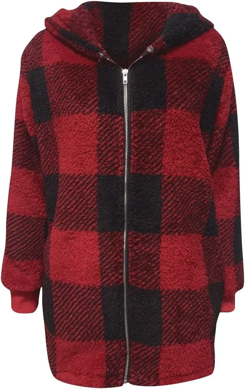 Sherpa Fleece Jacket Women Full Zip Up Plus Size Plaid Shacket Oversized Hooded Sweatshirt Trendy Winter Coat Outwear