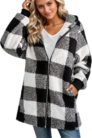 Sherpa Fleece Jacket Women Full Zip Up Plus Size Plaid Shacket Oversized Hooded Sweatshirt Trendy Winter Coat Outwear
