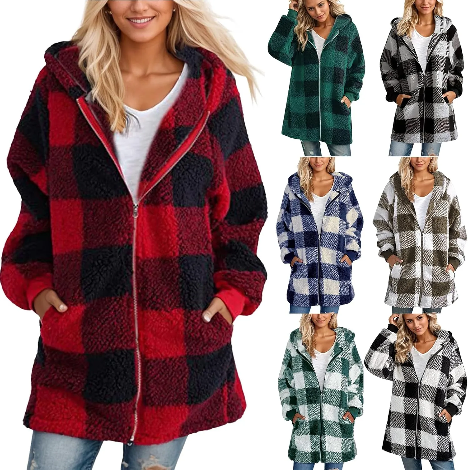 Sherpa Fleece Jacket Women Full Zip Up Plus Size Plaid Shacket Oversized Hooded Sweatshirt Trendy Winter Coat Outwear