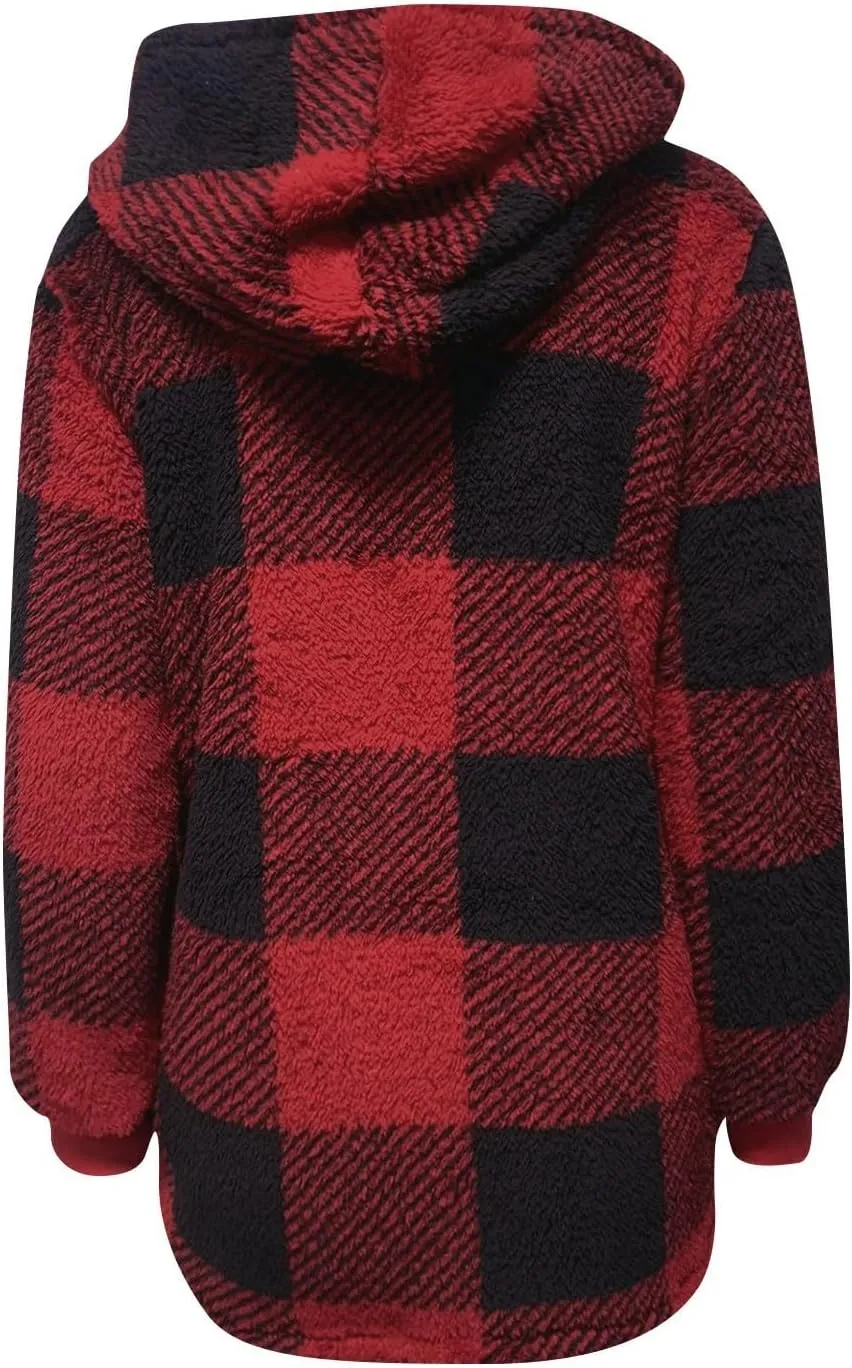 Sherpa Fleece Jacket Women Full Zip Up Plus Size Plaid Shacket Oversized Hooded Sweatshirt Trendy Winter Coat Outwear