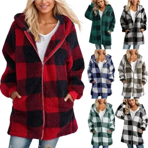 Sherpa Fleece Jacket Women Full Zip Up Plus Size Plaid Shacket Oversized Hooded Sweatshirt Trendy Winter Coat Outwear