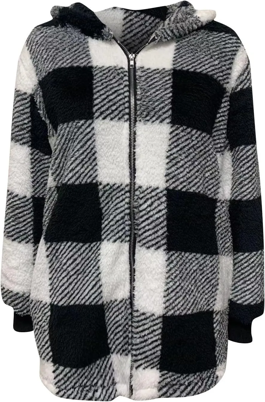 Sherpa Fleece Jacket Women Full Zip Up Plus Size Plaid Shacket Oversized Hooded Sweatshirt Trendy Winter Coat Outwear