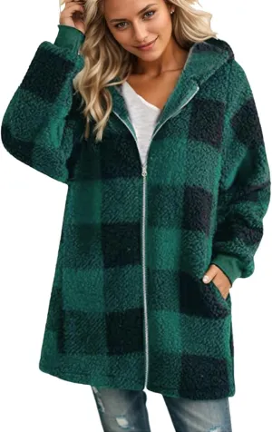 Sherpa Fleece Jacket Women Full Zip Up Plus Size Plaid Shacket Oversized Hooded Sweatshirt Trendy Winter Coat Outwear